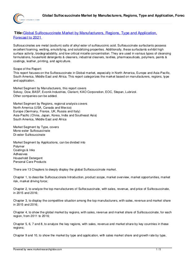 Global Sulfocsuccinate Market Forecast to 2021