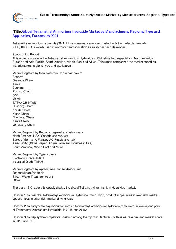 Tetramethyl Ammonium Hydroxide Market 2021