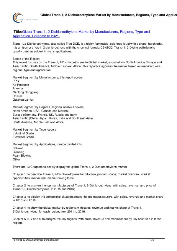Europe Tire Market Report 2016 Trans-1, 2-Dichloroethylene Market Forecast to 202