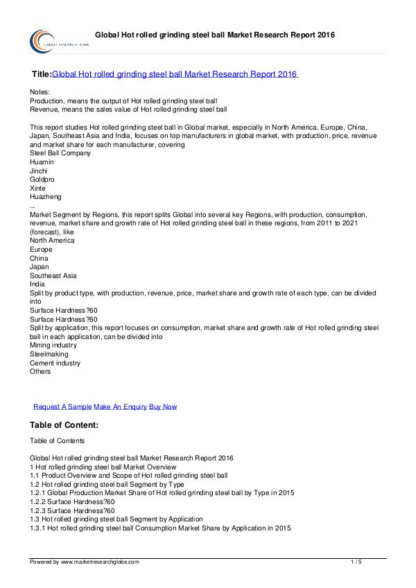 Global Hot rolled grinding steel ball Market 2016