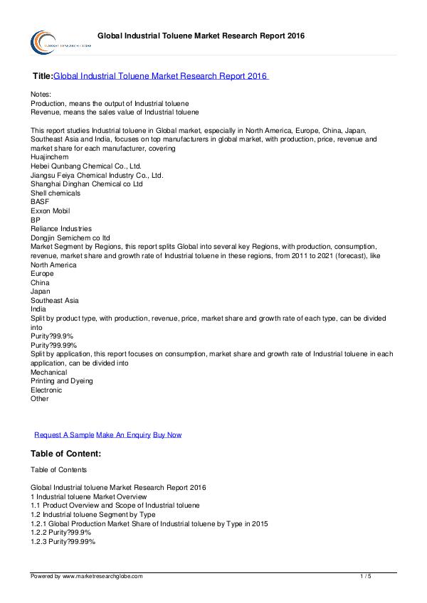 Global Industrial Toluene Market 2016