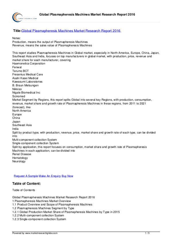 Global Plasmapheresis Machines Market 2016