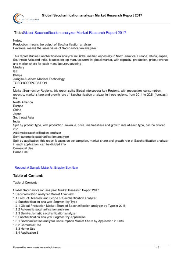 Global Saccharification analyzer Market 2016