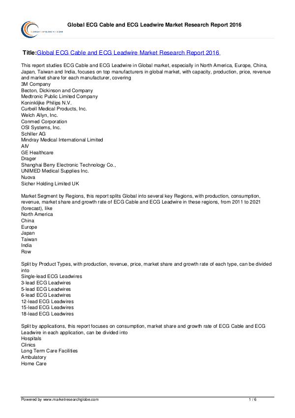 ECG Cable and ECG Leadwire Market Report 2016