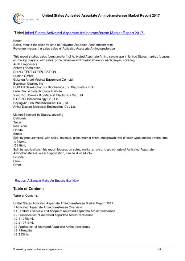 Activated Aspartate Aminotransferase Market 2016