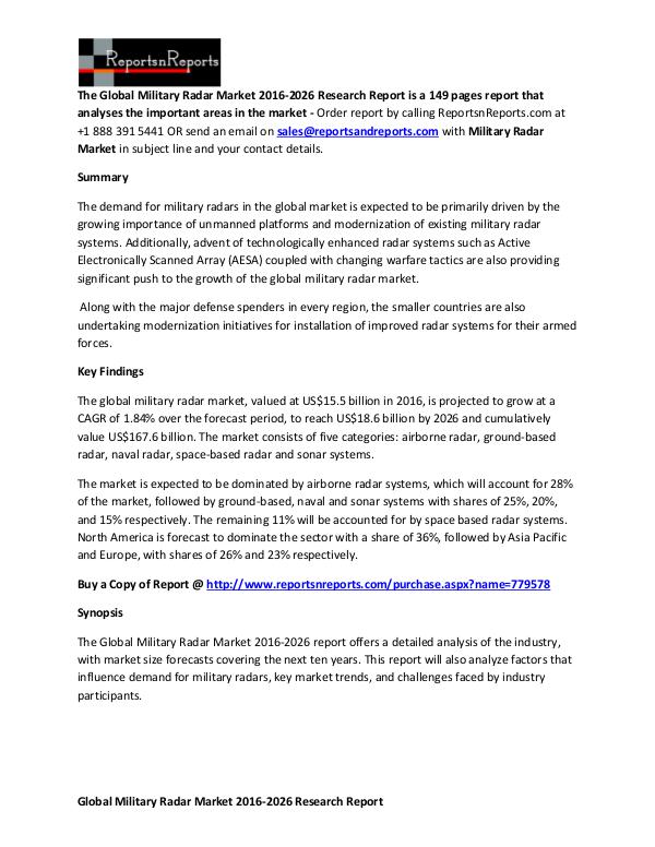 Global Military Radar Market 2016-2026 Report Competitive  Analysis on Military Radar Market