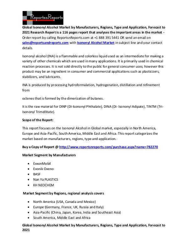 Overview of Global Isononyl Alcohol Market 2016 Report Global Isononyl Alcohol Market 2016 Report