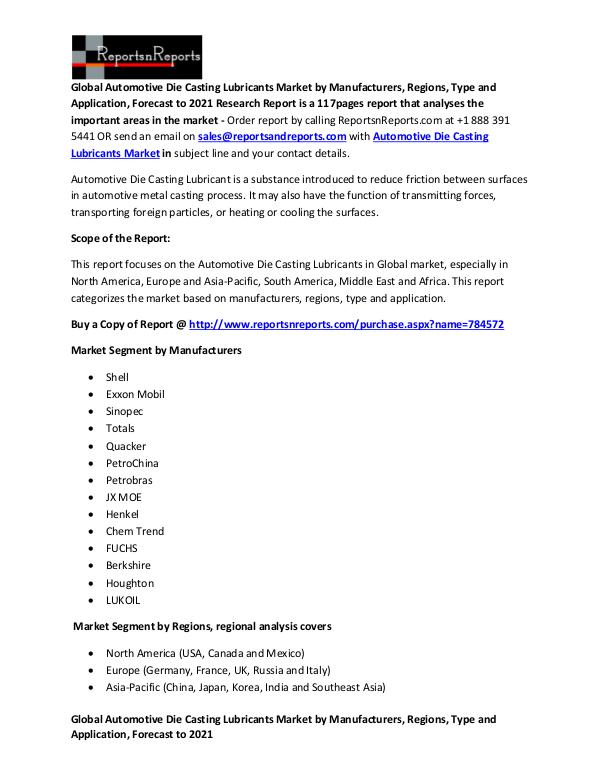 Global Automotive Die Casting Lubricants Market Automotive Die Casting Lubricants Market Report