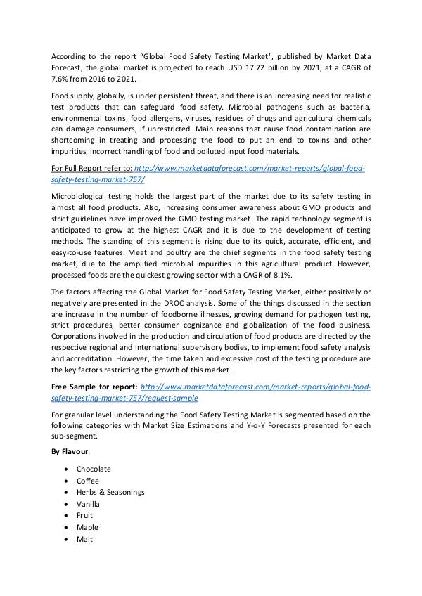 Food Safety Testing Market Global Food Safety Testing Market is forecasted to