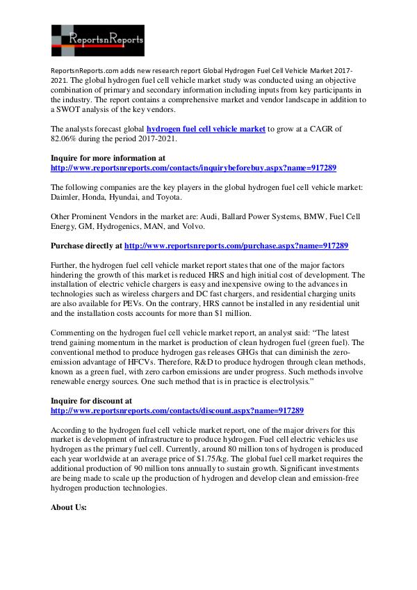 Hydrogen Fuel Cell Vehicle Market to Grow at 82.06% CAGR to 2021 March 2017