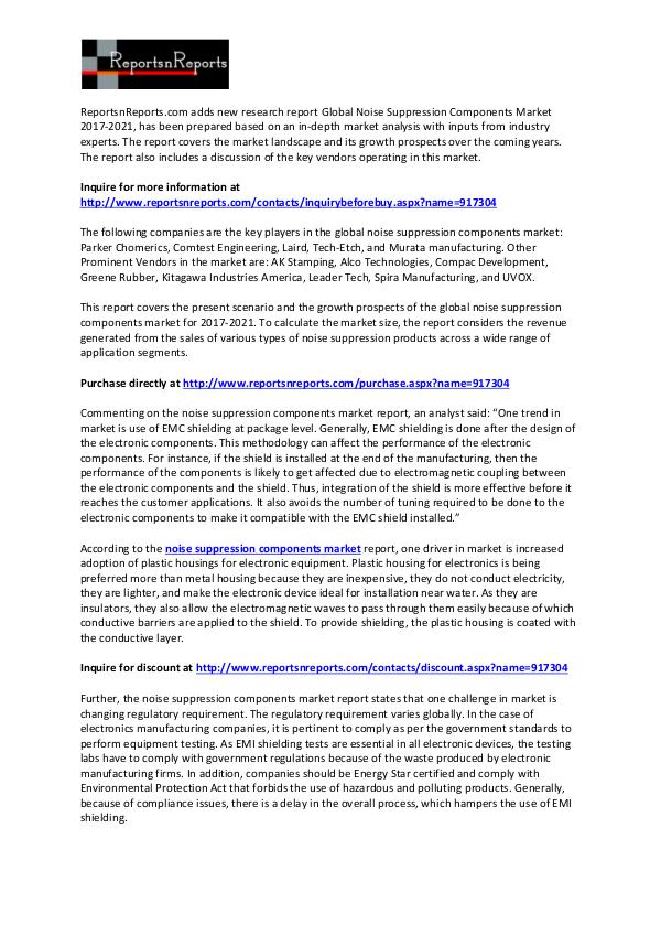 Noise Suppression Components Market to Grow at 8.98% CAGR to 2021 March 2017