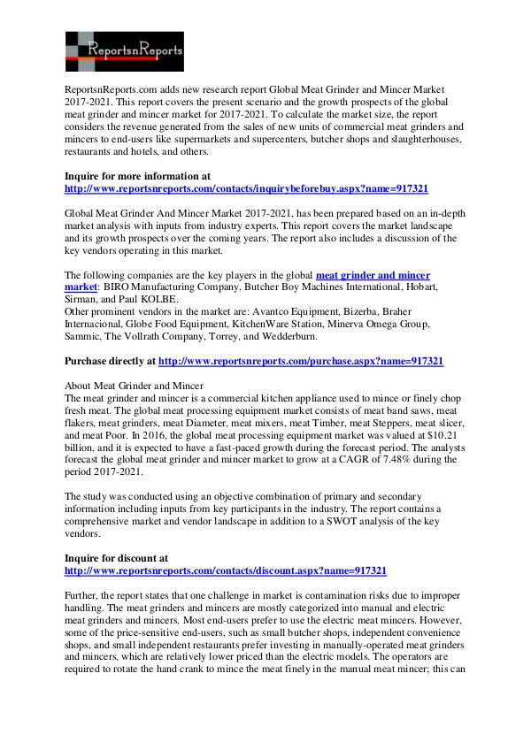 Meat Grinder and Mincer Market to Grow at 7.48% CAGR to 2021 March 2017