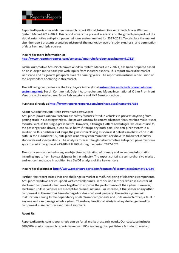 Automotive Anti-pinch Power Window System Market (8.16% CAGR) to 2021 March 2017