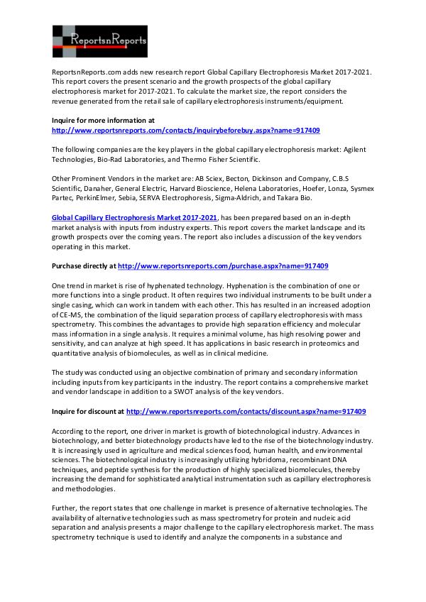 2021 Capillary Electrophoresis Market Global Research and Analysis February 2017