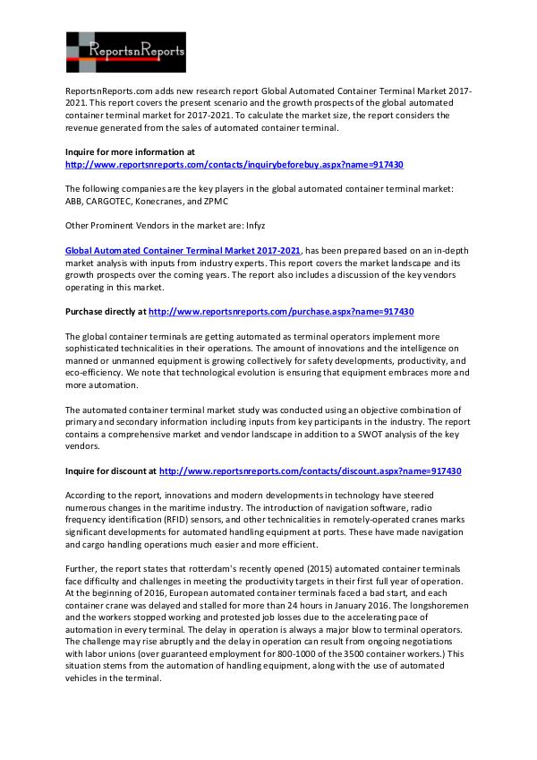 World Automated Container Terminal Market Trend, Size and Growth 2021 February 2017