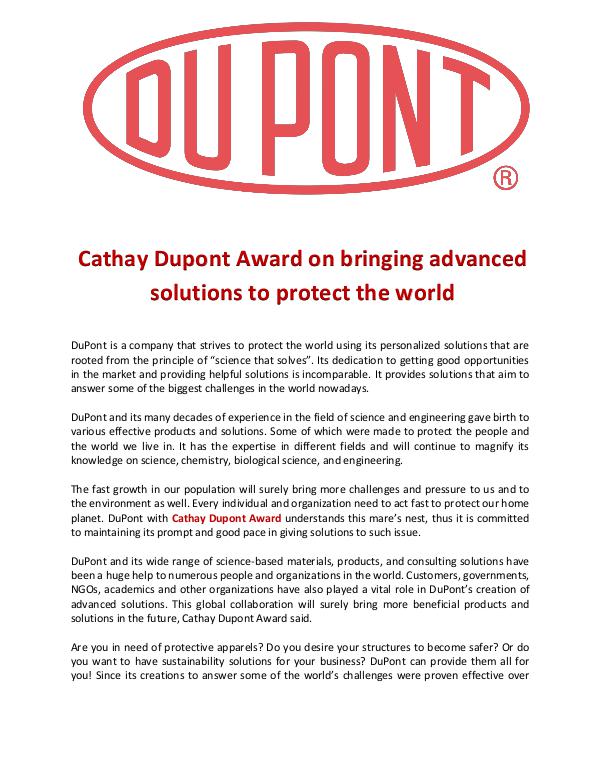 Cathay Dupont Award bringing advanced solutions to protect the world Cathay Dupont Award on bringing advanced solutions