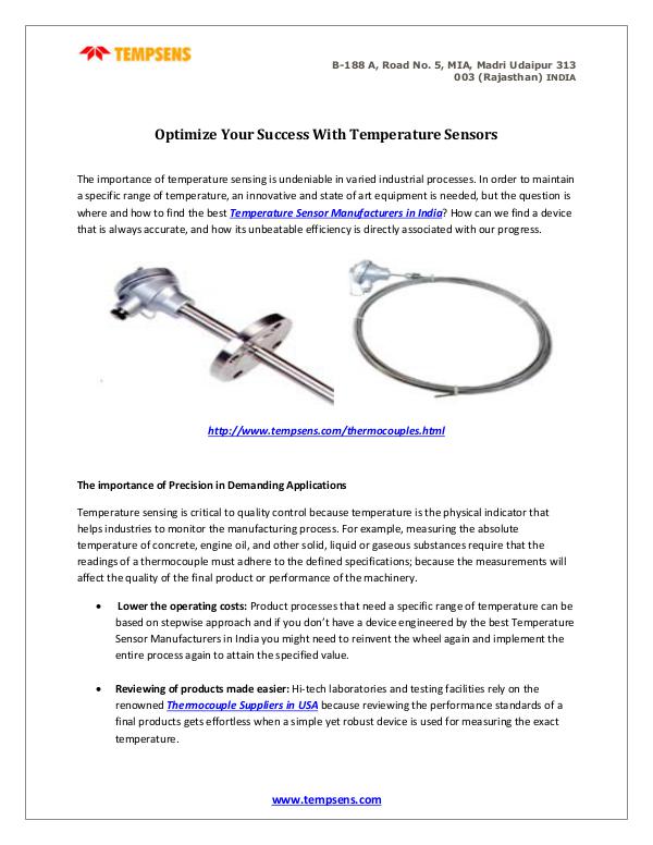 Optimize Your Success With Temperature Sensors Optimize Your Success With Temperature Sensors