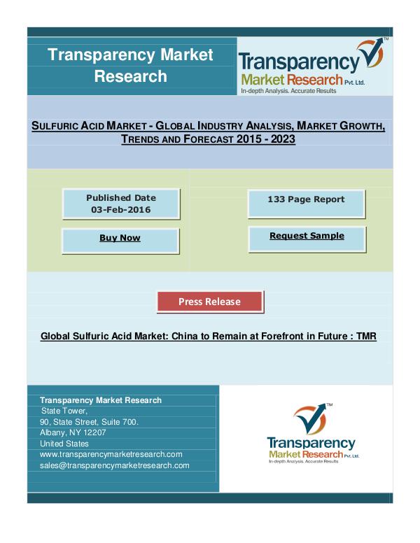 Sulfuric Acid Market to Reach US$ 85.40 Bn by 2023