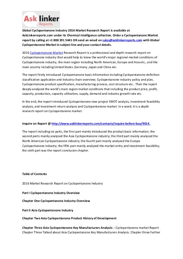 Global Cyclopentanone Market Growth Analysis and Forecast 2020 Sep.2016
