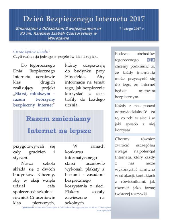 uu Dzień Bezpiecznego Internetu 2017 w Gimnazjum 93