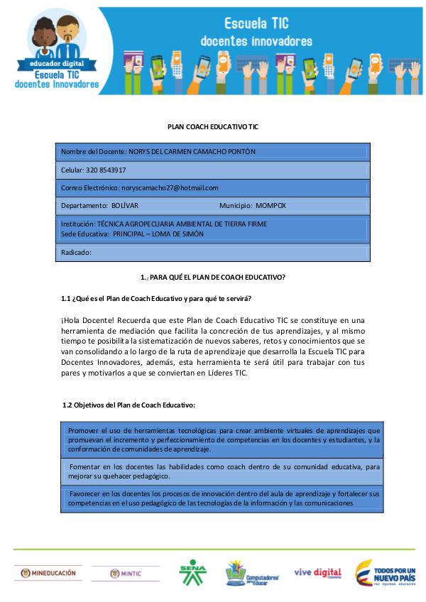 PLAN COACH EDUCATIVO TIC, PARA DOCENTES INNOVADORES Primer volumen, cuenta con 10 páginas.