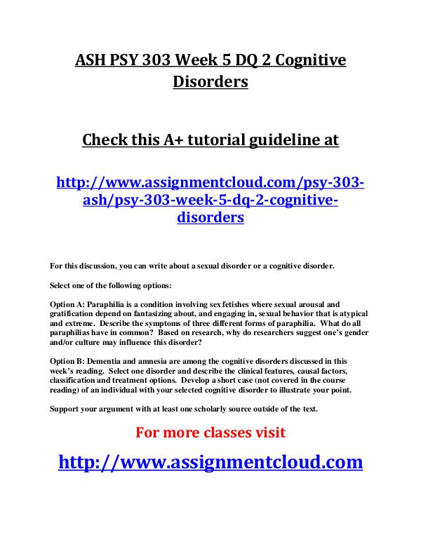 ASH PSY 303 Entire Course ASH PSY 303 Week 5 DQ 2