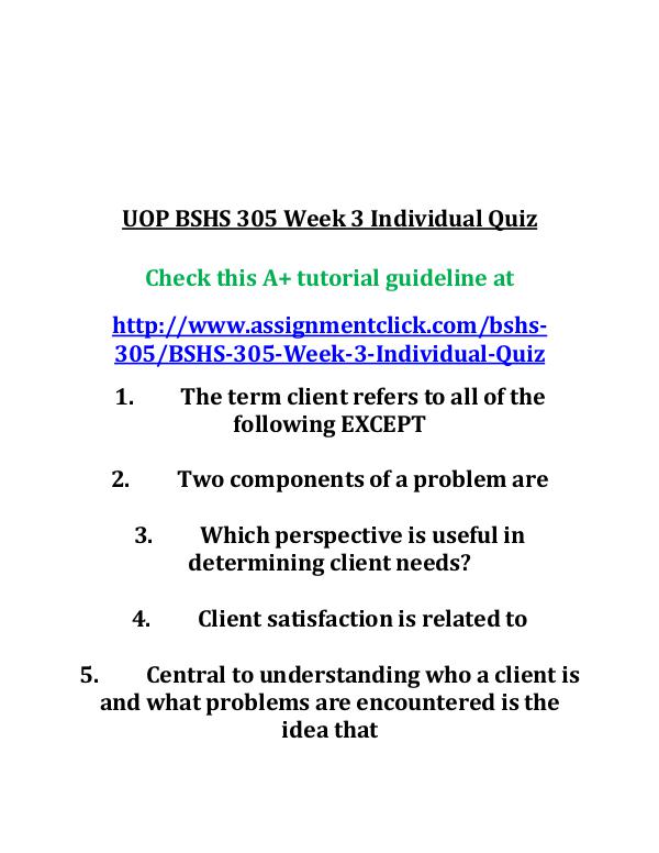 UOP BSHS 305 Week 3 Individual Quiz