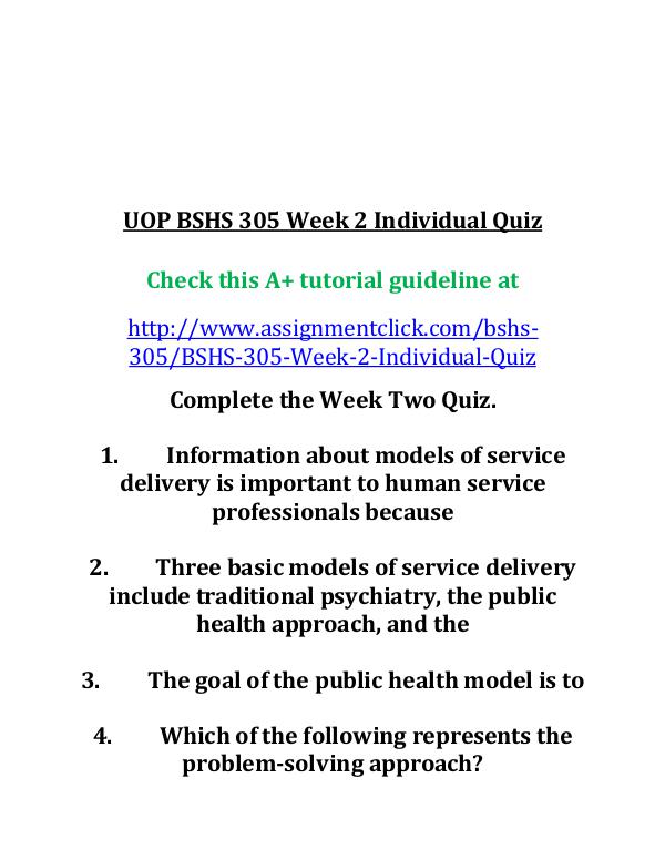 UOP BSHS 305 Week 2 Individual Quiz