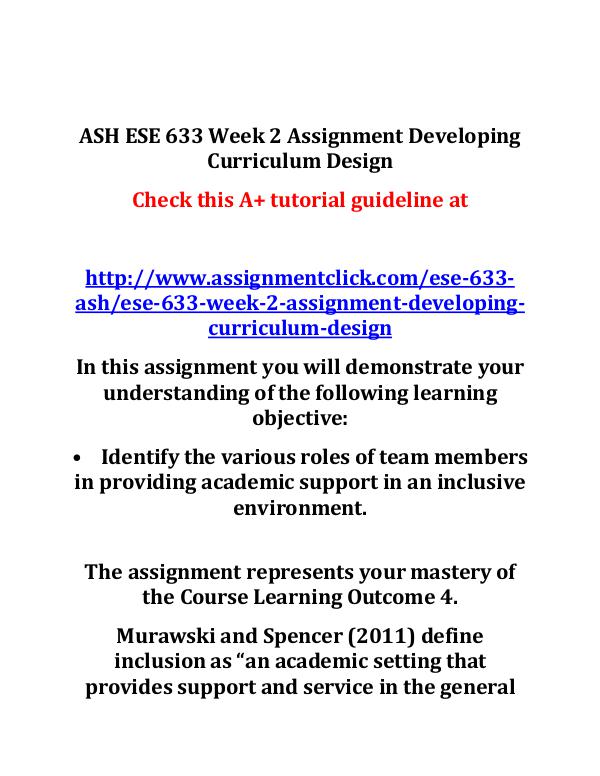 ASH ESE 633 Week 2 Assignment Developing Curriculu