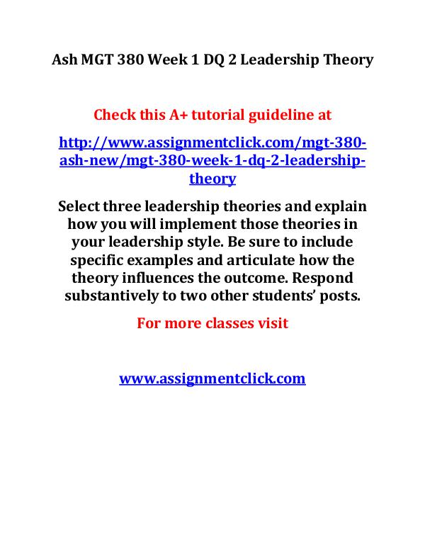 Ash MGT 380 Week 1 DQ 2 Leadership Theory