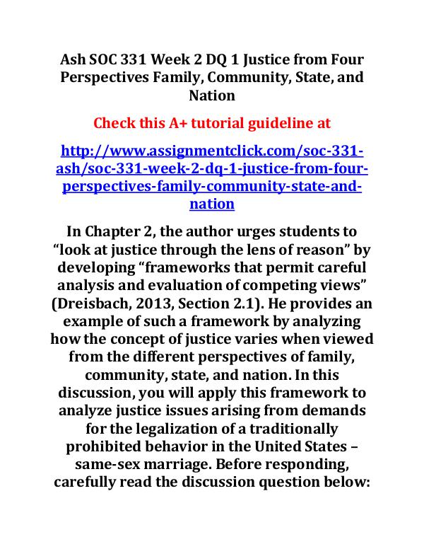 Ash SOC 331 Week 2 DQ 1 Justice from Four Perspect