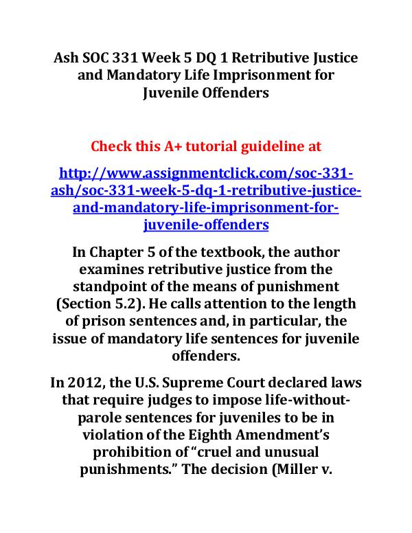 Ash SOC 331 Week 5 DQ 1 Retributive Justice and Ma