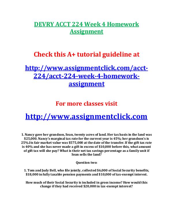 DEVRY ACCT 224 Entire CourseDEVRY ACCT 224 All Assignment DEVRY ACCT 224 Week 4 Homework Assignment