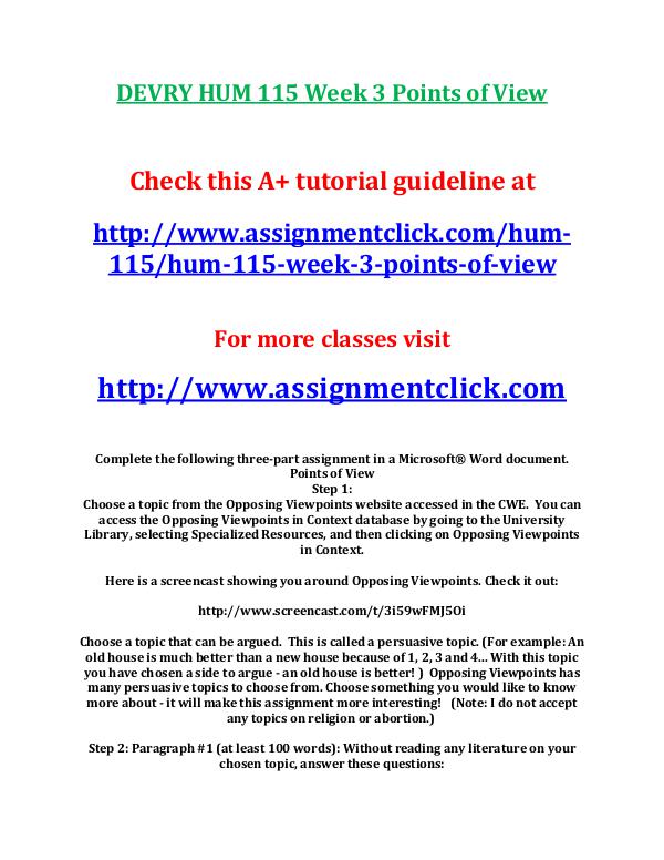 DEVRY HUM 115 Entire Course DEVRY HUM 115 Week 3 Points of View