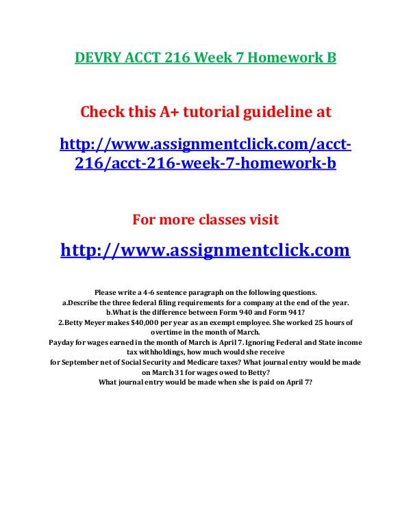 DEVRY ACCT 216 Entire Course DEVRY ACCT 216 Week 7 Homework B