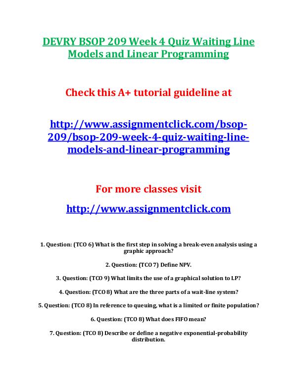 DEVRY BSOP 209 Week 4 Quiz Waiting Line Models and