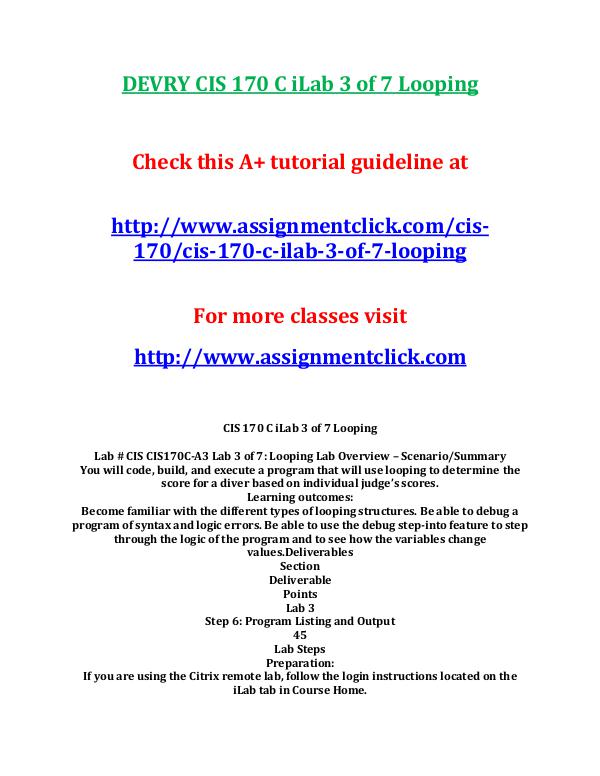 DEVRY CIS 170 C iLab 3 of 7 Looping
