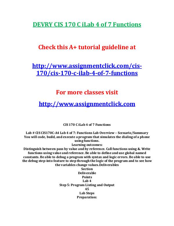 DEVRY CIS 170 C iLab 4 of 7 Functions