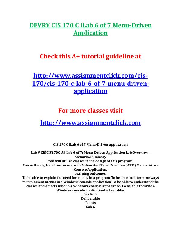 DEVRY CIS 170 Entire CourseDEVRY CIS 170 Entire Course DEVRY CIS 170 C iLab 6 of 7 Menu-Driven Applicatio