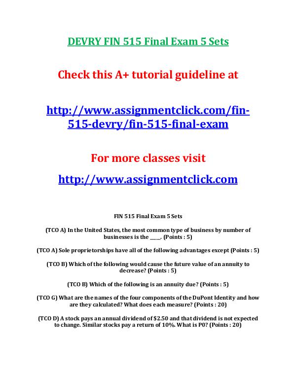 DEVRY FIN 515 Entire Course NEW DEVRY FIN 515 Final Exam 5 Sets