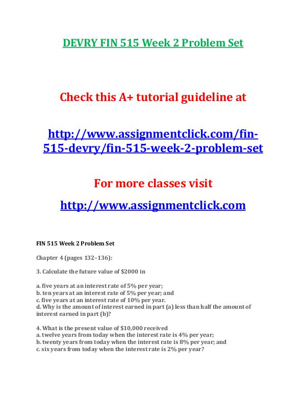 DEVRY FIN 515 Entire Course NEW DEVRY FIN 515 Week 2 Quiz