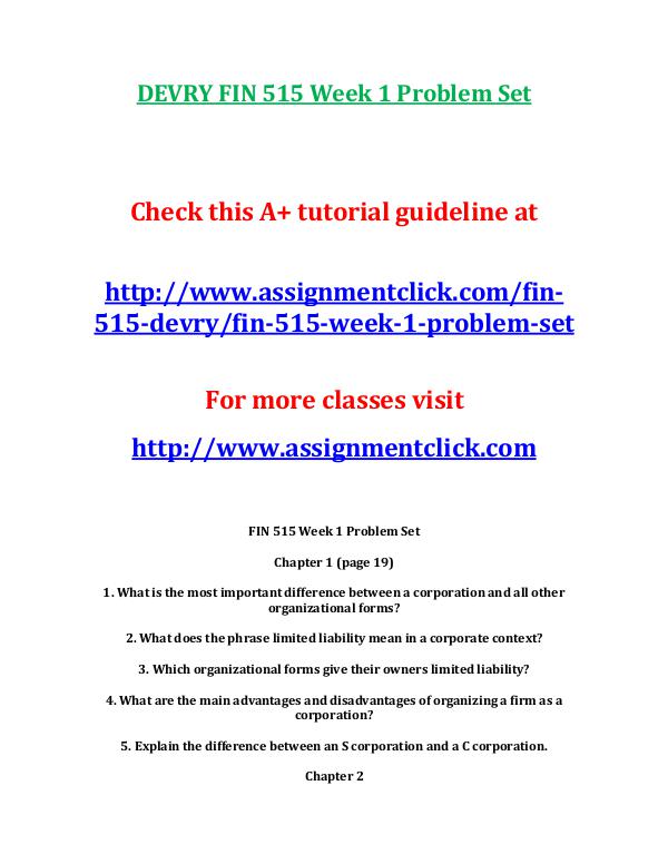 DEVRY FIN 515 Entire Course NEW DEVRY FIN 515 Week 3 Problem Set