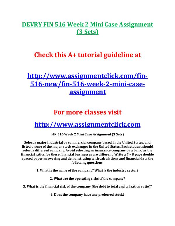 DEVRY FIN 516 Entire Course NEW DEVRY FIN 516 Week 2 Mini Case Assignment (3 Sets)