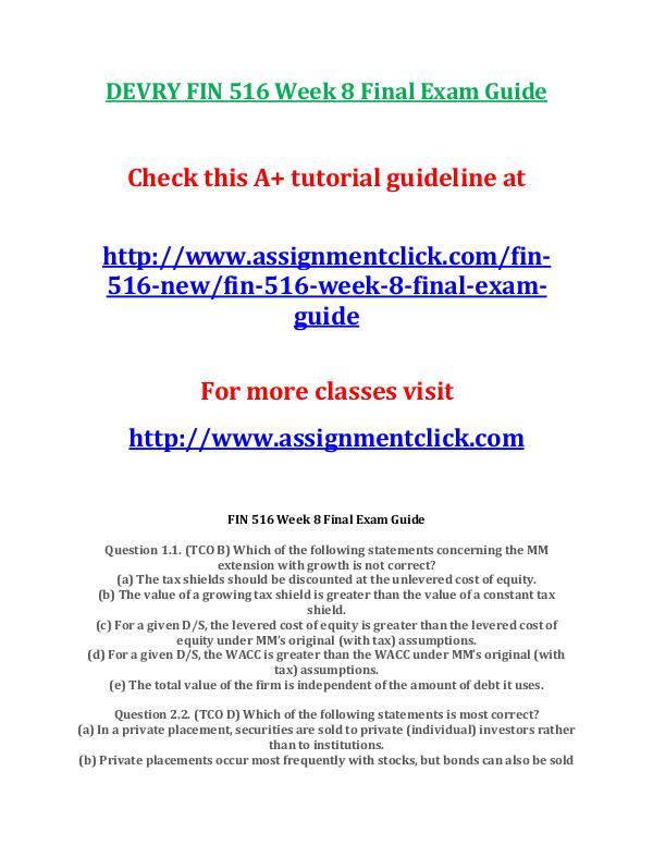 DEVRY FIN 516 Entire Course NEW DEVRY FIN 516 Week 7 Homework Set