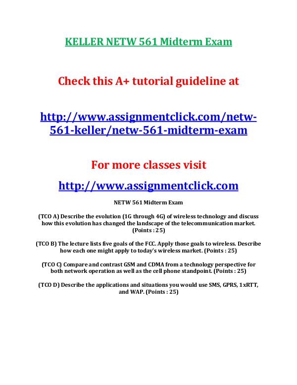 KELLER NETW 561 Entire Course KELLER NETW 561 Midterm Exam