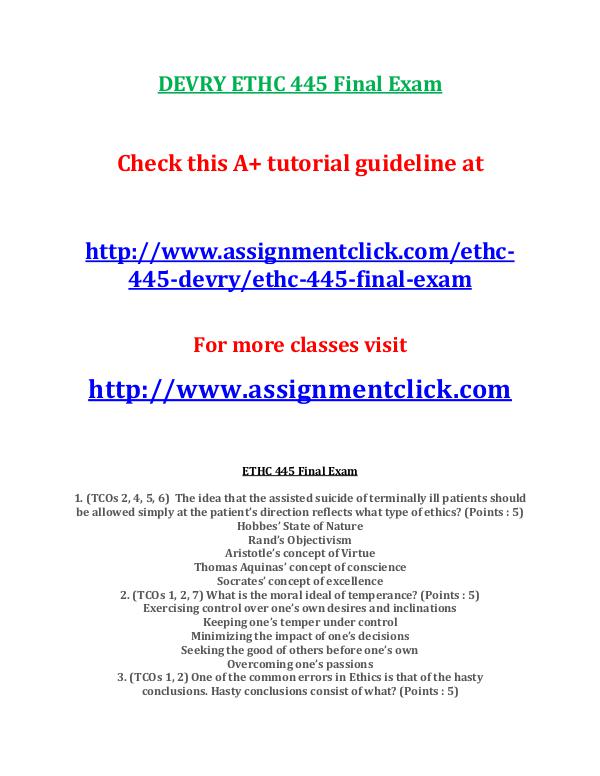 DEVRY ETHC 445 Entire Course DEVRY ETHC 445 Final Exam