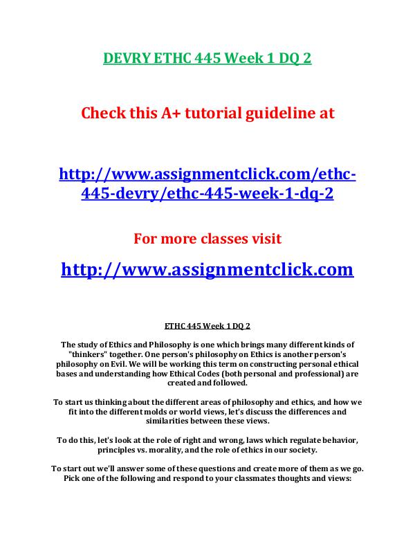 DEVRY ETHC 445 Entire Course DEVRY ETHC 445 Week 1 DQ 2