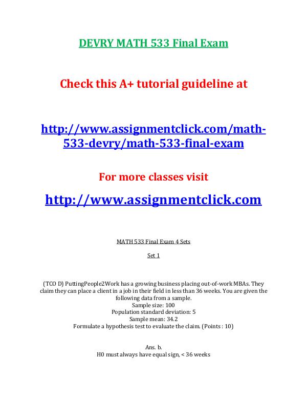 DEVRY MATH 533 Entire Course DEVRY MATH 533 Final Exam