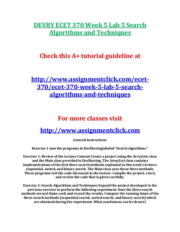 DEVRY ECET 370 Week 5 Lab 5 Search Algorithms and