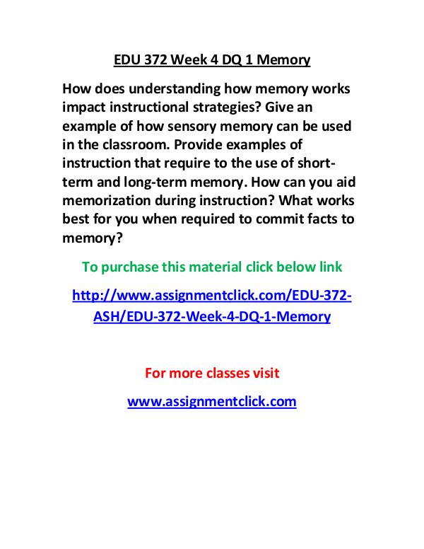 EDU 372 Week 4 DQ 1 Memory